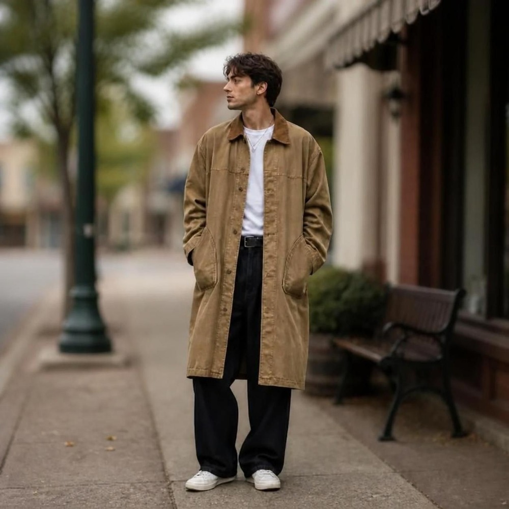 Vtg 90s Eddie Bauer Corduroy Collar Barn Chore Duster Trench Coat Men's Sz M